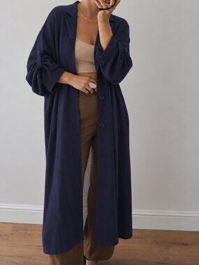 Workhall Campre Linen Cardigan Duster Long Navy Size Medium (c10)